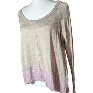 We The Free People Huntington Hacci Knit Top Women M Tan Pink Stripe L/S Shirt